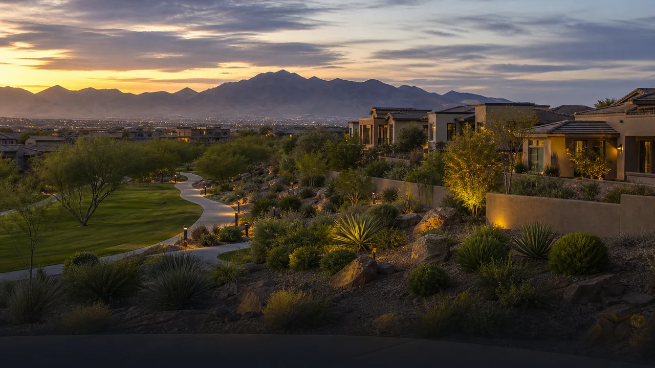 Representative illustration of a Henderson neighborhood with desert landscaping and mountain views