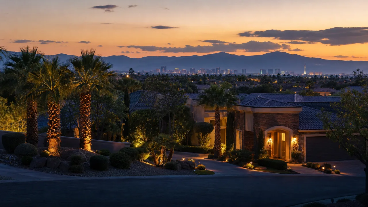Representative illustration of a Spring Valley neighborhood with the Las Vegas skyline in the distance
