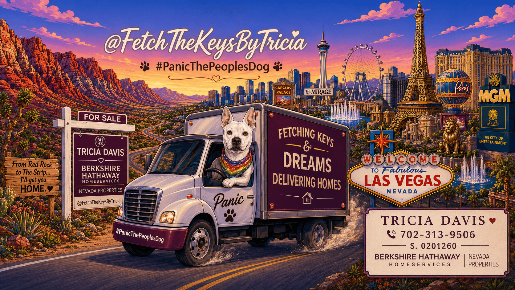 Illustrated Las Vegas scene featuring Panic the dog driving Tricia Davis's Fetching Keys and Dreams moving truck